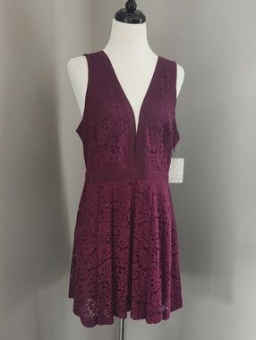 Free People Deep Plum Lace Mini Dress With Cut Out Back Details